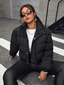 SHEIN EZwear Plus Zip Up Snap Button Padded Coat, For Winter Fall Autumn - Black - View 4
