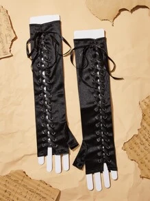 ROMWE Academia Grommet Lace Up Front Fingerless Gloves - Black - View 6