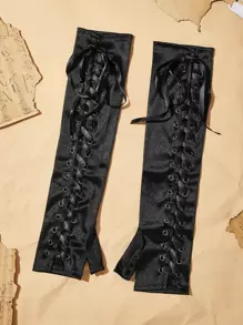 ROMWE Academia Grommet Lace Up Front Fingerless Gloves - Black - View 2