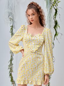SHEIN MOD Allover Floral Print Half Zip Dress - Yellow - View 6