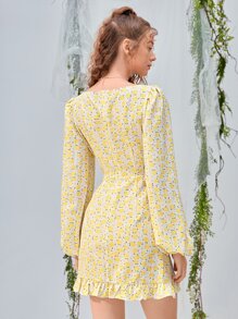 SHEIN MOD Allover Floral Print Half Zip Dress - Yellow - View 5