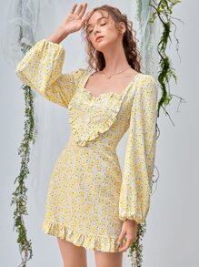 SHEIN MOD Allover Floral Print Half Zip Dress - Yellow - View 2