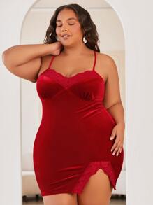 SHEIN CURVE+ فستان نوم كامي دانتيل متباين اللون بحافة شق مقاس كبير