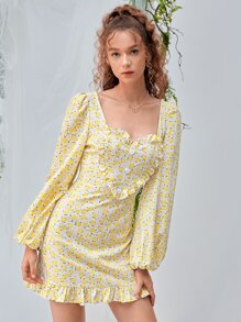 SHEIN MOD Allover Floral Print Half Zip Dress - Yellow - View 4