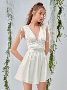 SHEIN MOD Solid Deep V Neck Knotted Shoulder Ruched Satin Dress