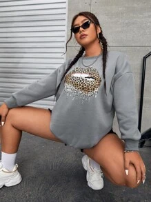 SHEIN Unity Plus Leopard Lip Print Drop Shoulder Sweatshirt - Grey - View 3