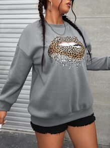 SHEIN Unity Plus Leopard Lip Print Drop Shoulder Sweatshirt - Grey - View 4