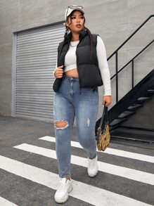 CovetEZ Plus Size Zip Up Puffer Vest Padded Coat - Black - View 1