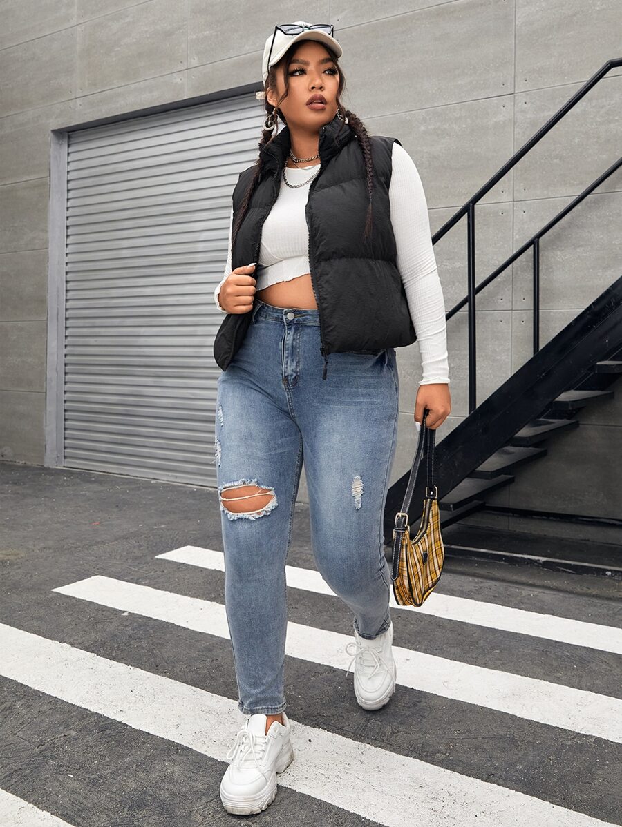 CovetEZ Plus Size Zip Up Puffer Vest Padded Coat - Black - View 1