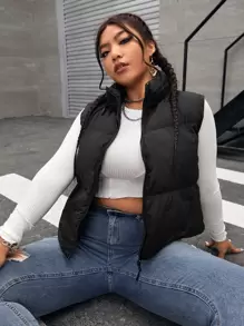 CovetEZ Plus Size Zip Up Puffer Vest Padded Coat - Black - View 4