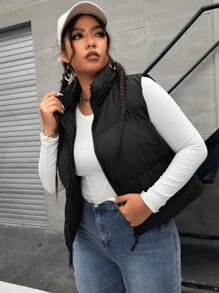 CovetEZ Plus Size Zip Up Puffer Vest Padded Coat - Black - View 5