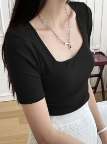 DAZY Áo thun cổ vuông dệt kim gân, kiểu dáng thanh lịch, dễ thương. - màu đen - Xem 5