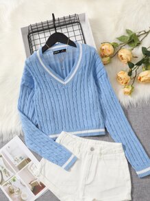 SHEIN Teen Girls Striped Trim Cable Knit Sweater - Baby Blue - View 1