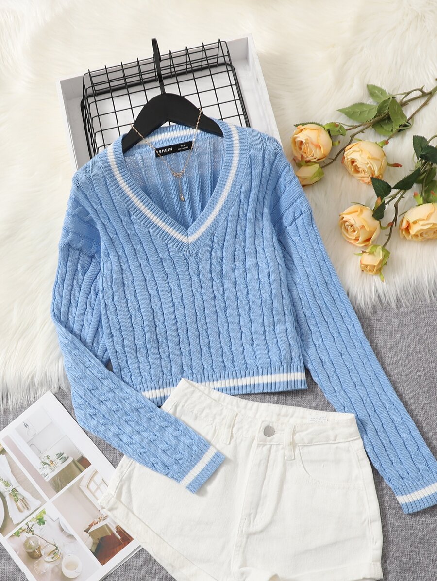 SHEIN Teen Girls Striped Trim Cable Knit Sweater - Baby Blue - View 1