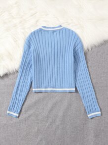 SHEIN Teen Girls Striped Trim Cable Knit Sweater - Baby Blue - View 2