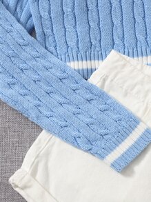 SHEIN Teen Girls Striped Trim Cable Knit Sweater - Baby Blue - View 3