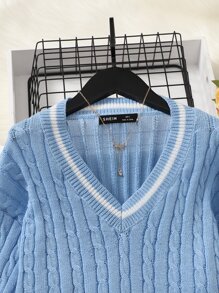SHEIN Teen Girls Striped Trim Cable Knit Sweater - Baby Blue - View 4