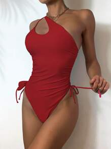 Swim Vcay 2025 女式纯色无袖分体式比基尼镂空侧抽绳连体泳衣，无线夏季 - 紅色 - 查看 3
