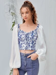 SHEIN MOD Floral Print Puff Sleeve Blouse - Blue and White - View 2