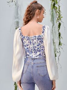 SHEIN MOD Floral Print Puff Sleeve Blouse - Blue and White - View 6