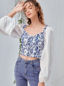 SHEIN MOD Floral Print Puff Sleeve Blouse - Blue and White - View 3