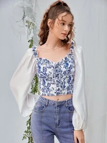 SHEIN MOD Floral Print Puff Sleeve Blouse - Blue and White - View 4