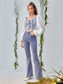 SHEIN MOD Floral Print Puff Sleeve Blouse - Blue and White - View 5