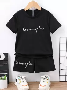 SHEIN Toddler Boys Letter Graphic Tee & Shorts - Black - View 1