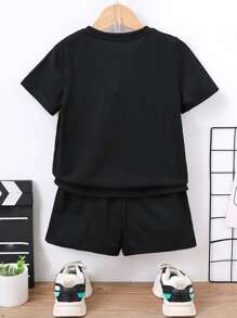 SHEIN Toddler Boys Letter Graphic Tee & Shorts - Black - View 2