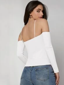 SHEIN Privé 吊脖一字肩羅紋針織T恤 - 白色 - 查看 3