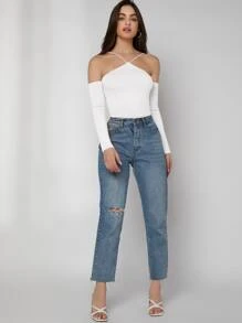 SHEIN Privé 吊脖一字肩羅紋針織T恤 - 白色 - 查看 6