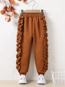 Toddler Girls Frill Trim Top-stitching Joggers - Rust Brown - View 1
