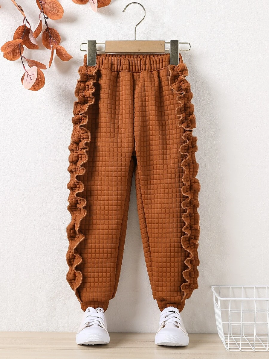 Toddler Girls Frill Trim Top-stitching Joggers - Rust Brown - View 1