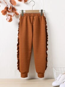 Toddler Girls Frill Trim Top-stitching Joggers - Rust Brown - View 2