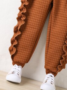 Toddler Girls Frill Trim Top-stitching Joggers - Rust Brown - View 4