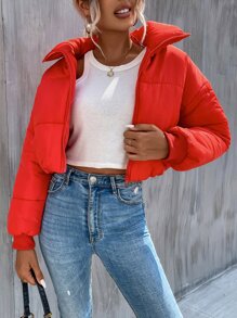 SHEIN Unity 斜口袋拉链落肩短款加厚棉服外套衣服冬季 - 紅色 - 查看 4