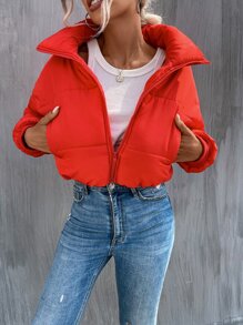 SHEIN Unity 斜口袋拉链落肩短款加厚棉服外套衣服冬季 - 紅色 - 查看 5