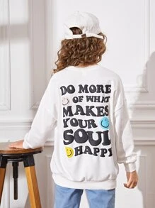 SHEIN 女孩標語和卡通圖案落肩袖套頭衫 - 白色 - 查看 1