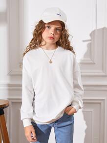 SHEIN 女孩標語和卡通圖案落肩袖套頭衫 - 白色 - 查看 2