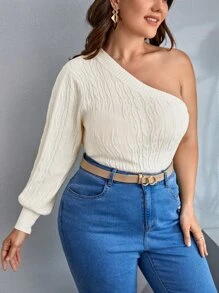 SHEIN Essnce Plus One Shoulder Cable Knit Sweater - Beige - View 5