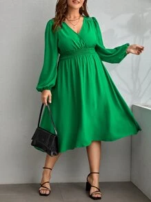 SHEIN Clasi Plus Surplice Neck Shirred Waist Dress - Green - View 1