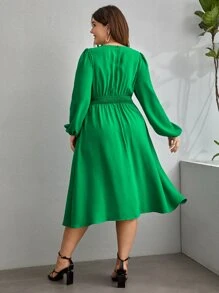 SHEIN Clasi Plus Surplice Neck Shirred Waist Dress - Green - View 2