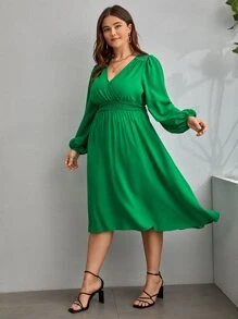 SHEIN Clasi Plus Surplice Neck Shirred Waist Dress - Green - View 3