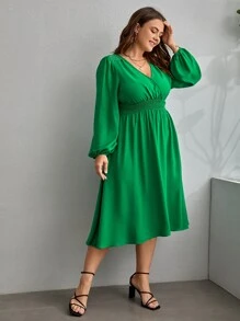 SHEIN Clasi Plus Surplice Neck Shirred Waist Dress - Green - View 4