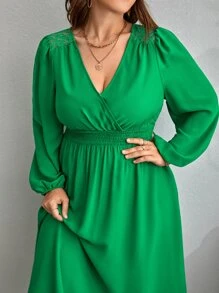 SHEIN Clasi Plus Surplice Neck Shirred Waist Dress - Green - View 5