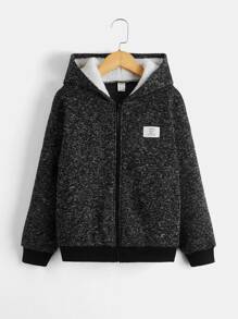 SHEIN 男孩字母貼布毛絨內襯連帽夾克 - 深灰色 - 查看 6