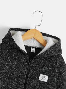 SHEIN 男孩字母貼布毛絨內襯連帽夾克 - 深灰色 - 查看 5