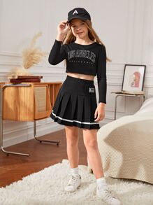 SHEIN Girls Patch Detail Pleated Skirt - Black - View 3