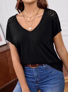SHEIN Frenchy Cotton Contrast Lace Batwing Sleeve Tee Summer Black Black Casual