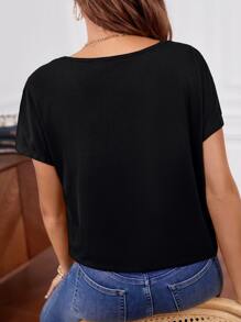 SHEIN Frenchy Cotton Contrast Lace Batwing Sleeve Tee Summer Black Black Casual